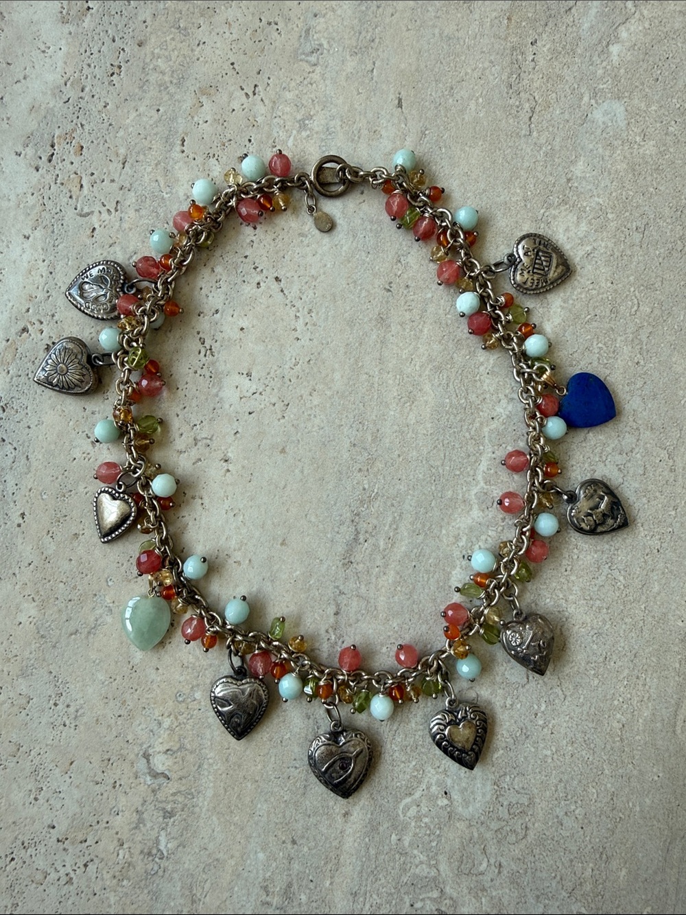 Vintage Heart Charm Multicolor Beaded Necklace in sterling silver
